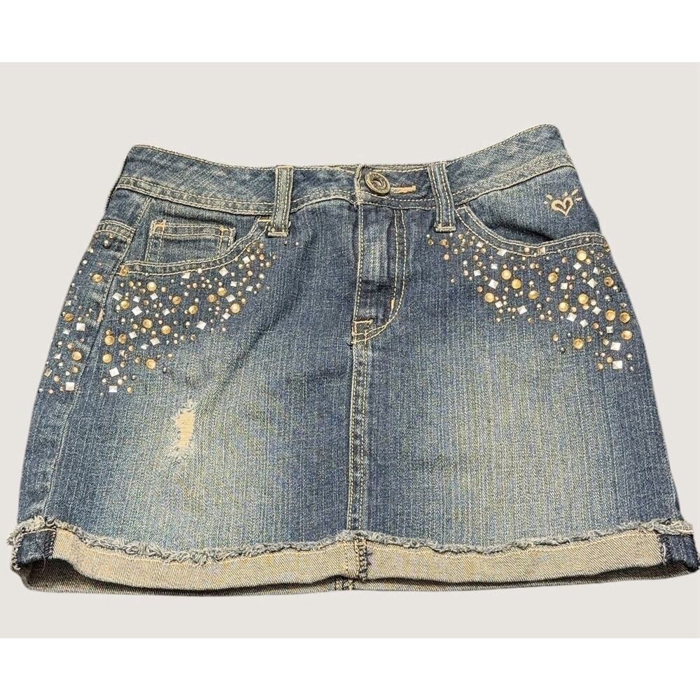 Justice Girls Denim Mini Skirt Size 12 | Y2K Rhinestone Studded | Discontinued - Picture 3 of 6